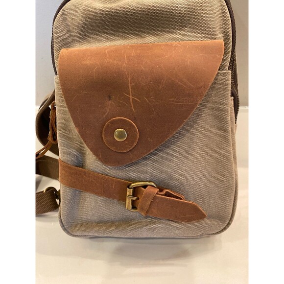 KL928 Canvas & Leather Bag Sling Crossbody Backpack Purse Multi compartment - Picture 2 of 12